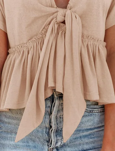Vista 4 de Fanway&EC - Blusas de manga corta con cuello en V para mujer, dobladillo con volantes, lazo frontal, camisetas cortas ligeras, básicas, de verano