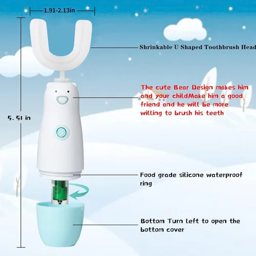 Vista 5 de Cepillo de dientes eléctrico en forma de U para niños Meqtpomy, cepillo de dientes para niños pequeños impermeable con batería, cepillos de dientes