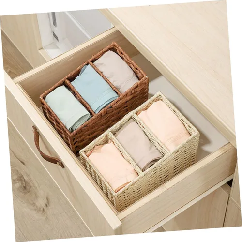 Vista 4 de DOITOOL Caja de almacenamiento trapezoidal de escritorio con 3 compartimentos, impermeable, simulada, tejida a mano, organizador para suministros