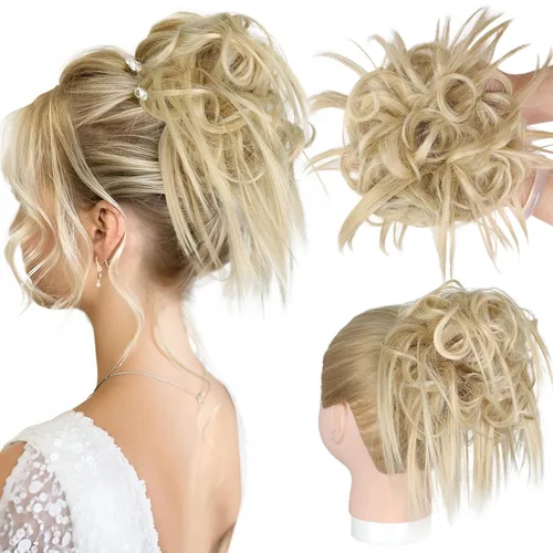 Vista 21 de HMD - Extensiones de cabello tipo chongo alborotado con rodelo despeinado, banda elástica de goma, extensiones de cabello sintético para mujer