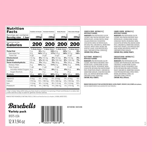 Vista 2 de Barebells Paquete variado de barras de proteínas, 12 unidades, barras de 1.9 onzas, bocadillos de proteína con 0.71 oz de alto contenido