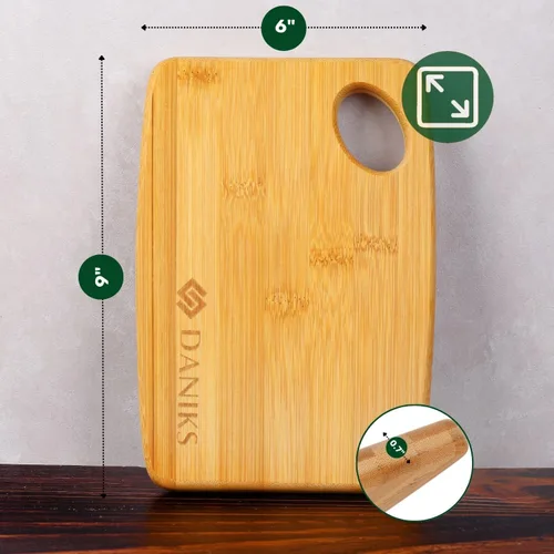 Vista 3 de Daniks Tabla de cortar de bambú de 9 x 6 pulgadas (pequeña), extra gruesa y resistente, con orificio para colgar, previamente engrasada, respetuosa
