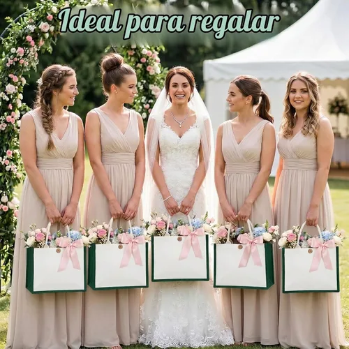 Vista 2 de 12 bolsas de yute de arpillera, bolsas de playa con asas, reutilizables, impermeables, bolsa de compras en blanco, bolsa de regalo de lona