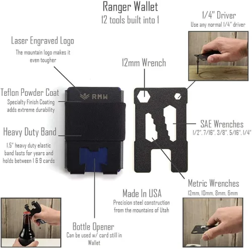 Vista 3 de Rugged Material Cartera minimalista - Tarjetero de bolsillo frontal con bloqueo RFID - Cartera delgada táctica de metal para hombre