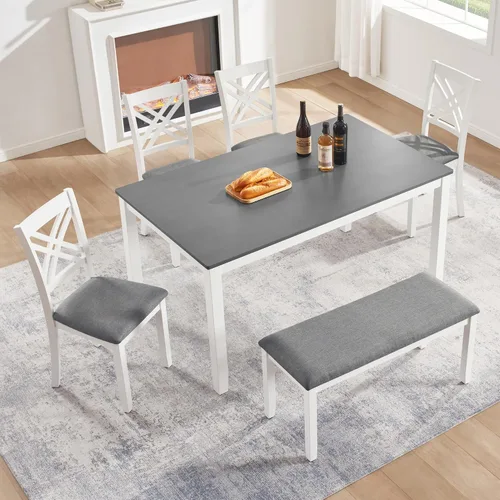 Vista 19 de Juego de mesa de comedor de 6 piezas, mesa rectangular con 4 sillas y banco negro beige (Black+beige)