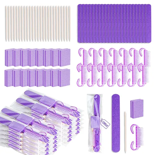 Vista 9 de 20 juegos de kit de manicura desechable básico de 4 piezas para viajes, cepillo de agarre, mini pulidor de uñas, lima de uñas y palo de madera