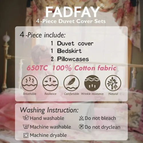 Vista 9 de FADFAY Juego de funda de edredón rosa desgastada, colección de ropa de cama floral rosa, elegante juego de funda de edredón de encaje de princesa