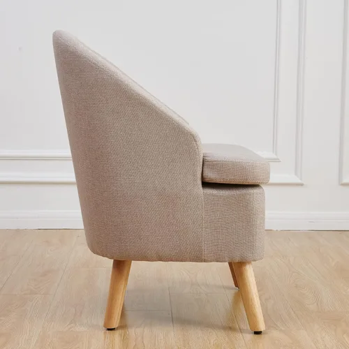 Vista 10 de Bonita silla tapizada color beige con estilo de barril, sofá individual redondo de tela similar al lino de algodón para patas de madera, sala