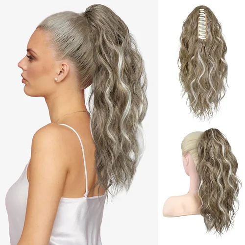 Vista 23 de FLUFYMOOZ Extensión de cola de caballo, extensión de cola de caballo con clip de garra de 18 pulgadas, extensiones de cabello ondulado y rizado