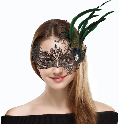 Vista 2 de Thmyo Máscara de metal para mascarada con plumas de pavo real máscara veneciana de Halloween