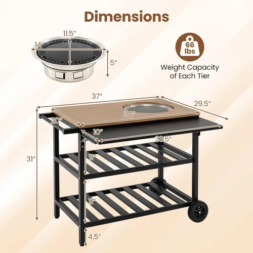 Vista 9 de HAPPYGRILL Carrito de parrilla al aire libre, mesa móvil de preparación de alimentos con parrilla de carbón coreano, panel lateral plegable, 2