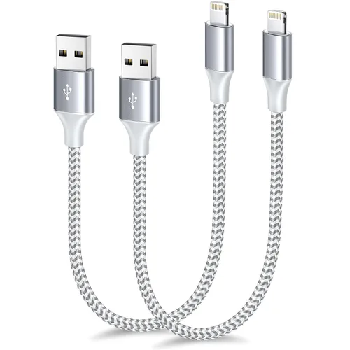 Vista 9 de [Certificado Apple MFi] Cargador corto de iPhone de 1 pie, paquete de 2 unidades, USB A a cable Lightning, cable trenzado de nailon de 12 pulgadas