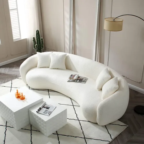Vista 4 de Sofá curvado de 102 pulgadas, sofá modular Boucle moderno de 5 plazas, cómodo sofá tapizado en la nube de 5 asientos con almohadas para sala de Beige