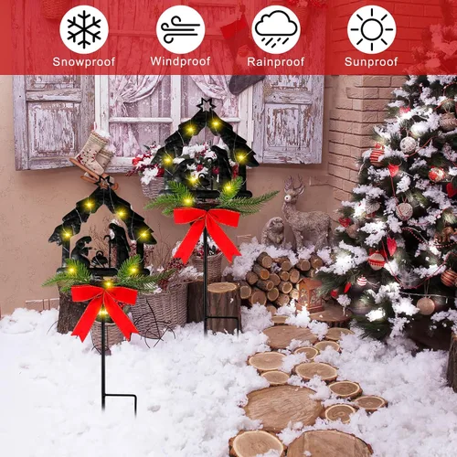 Vista 6 de Baquler 2 luces solares iluminadas de Navidad con estaca de belén, estaca de metal, impermeable, luz sagrada, decoración al aire libre con flor