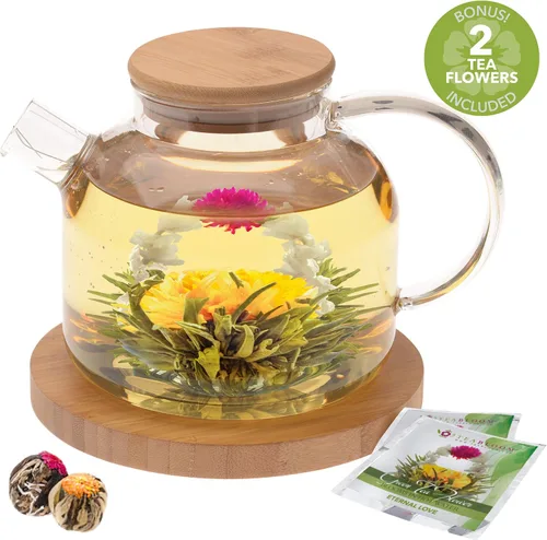 Vista 2 de Teabloom Tetera de vidrio segura para estufa con tapa de bambú (40 onzas/40.6 fl oz) + boquilla de filtro de té de hojas sueltas + 2 tés