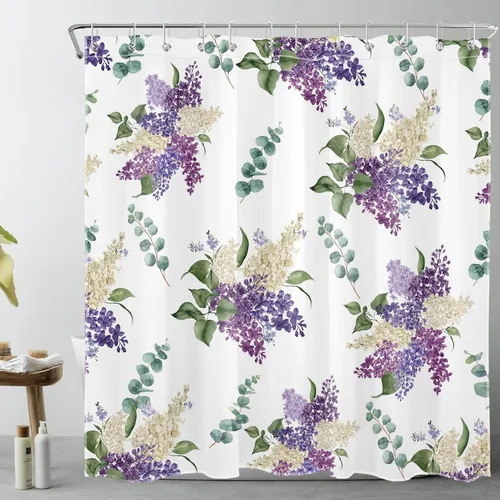 Vista 7 de EOBTAIN Cortina de ducha floral púrpura para baño, flores de acuarela y hojas de eucalipto verde sobre beige, cortina de ducha con 10 ganchos, juego