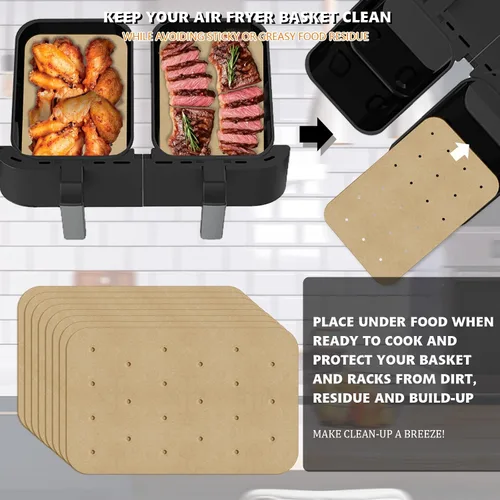 Vista 4 de WMKGG Papel pergamino rectangular para freidora de aire, 100 forros desechables perforados para freidora de aire con 2 alfombrillas de parrilla