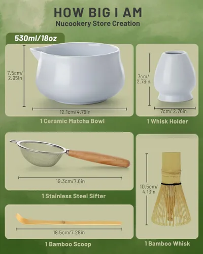 Vista 2 de Nucookery Juego de batidor de matcha, juego de 5 piezas de matcha con cuenco de cerámica de 18 onzas (Chawan) con boquilla, batidor de bambú