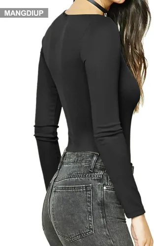 Vista 2 de MANGDIUP - Body elástico de manga larga y cuello redondo para mujer