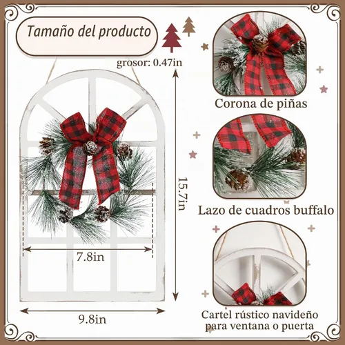 Vista 3 de NEWLIGHTURE Decoración navideña de madera para colgar en la pared, paquete de 2 letreros rústicos de ventana navideños con corona para interiores