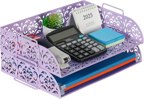 Vista 10 de EasyPAG, charola para escritorio de 2 niveles para cartas, diseño calado de flores, Negro