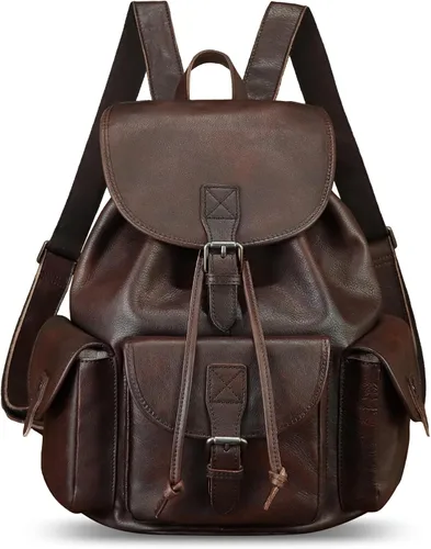 Vista 2 de IVTG Mochila de cuero genuino para hombres y mujeres, mochila vintage de cuero real, mochila de moda de alta capacidad (café)