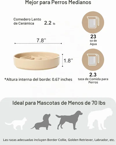 Vista 6 de Cuenco de cerámica para perros de alimentación lenta, albaricoque, mediano Olas-Albaricoque