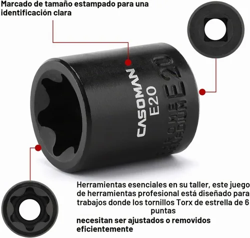 Vista 4 de CASOMAN 11PCS hembra Torx Socket Set, E Torx & Star Socket Set con riel, E4 - E20 Torque Sockets