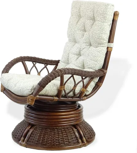 Vista 4 de Sillón mecedor giratorio Alexa color nogal oscuro, mimbre de ratán natural, diseño hecho a mano con cojín
