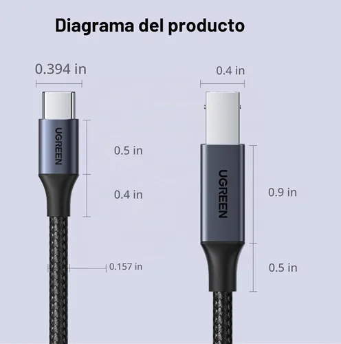 Vista 9 de UGREEN Cable USB-B a USB-C de 3 pies, nailon trenzado para impresora y MIDI Negro