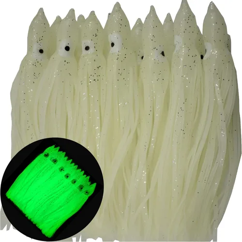 Vista 4 de Luminoso pulpo calamar falda señuelos cebo que brilla en la oscuridad, señuelo de pesca suave para pesca de agua salada, 6 pulgadas/5.9 in, blanco