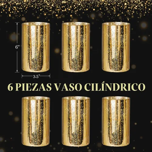 Vista 2 de Juego de 6 jarrones cilíndricos portavelas de oro Hurricane de Willceka para centros de mesa de boda