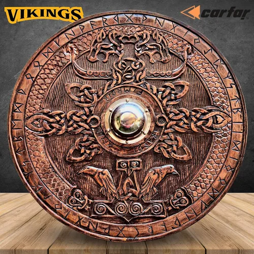 Vista 6 de Escudo de guerrero medieval de la era vikingos tamaño completo para adulto, 30.0 in, hecho a mano, madera natural, tallada, juego de batalla