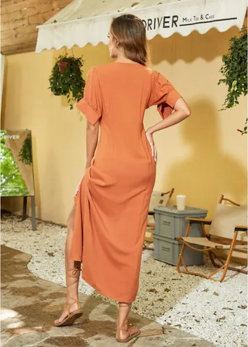 Vista 5 de Shy Velvet Vestido largo para mujer, cuello en V profundo, atado con botones frontales, sexy, dividido, muslo, manga abombada, vestidos largos