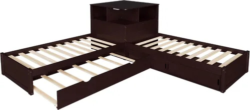 Vista 7 de Marco de cama individual en forma de L para 2 niños con escritorio y nido Espresso Espresso