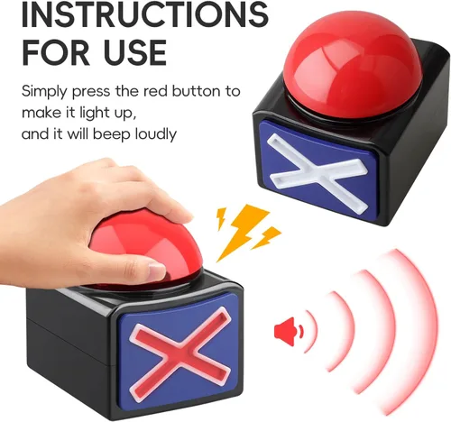 Vista 2 de Paquete de 2 zumbadores de juego con luces y sonido – Botones de zumbador para disputas familiares, trivias, espectáculos de talentos, accesorios