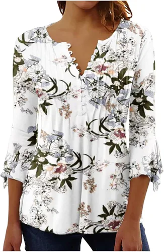 Vista 10 de Ceboyel Blusa tipo túnica con estampado floral para mujer, con botones, estilo Henley, con manga de codo, casual, trajes de moda para mujer