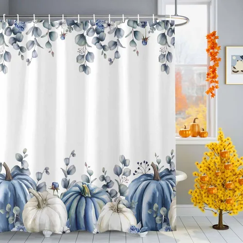 Vista 2 de Cortina de ducha de calabaza azul para baño, calabazas blancas, hojas verdes, cortinas de baño con ganchos, tela de poliéster impermeable, cortinas