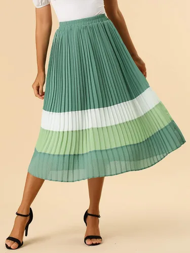 Vista 2 de Allegra K Falda plisada de gasa con cintura elástica y bloque de color para mujer