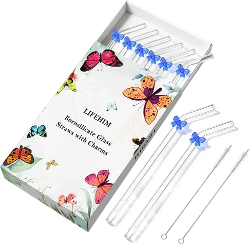 Vista 17 de Pajitas de cristal hechas a mano con dije de murciélago – Pajitas de borosilicato dobladas reutilizables de 9 pulgadas para vasos de 16 oz/20 onzas
