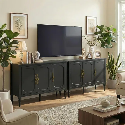 Vista 9 de RoyalCraft Armario buffet con almacenamiento, aparador moderno de mediados de siglo con 3 puertas, mesa de café pintada con estantes ajustables