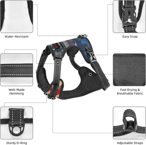 Vista 4 de Arnés personalizado para perro sin tirones, chaleco personalizado con bandera estadounidense para perro con número de teléfono y nombre de mascota
