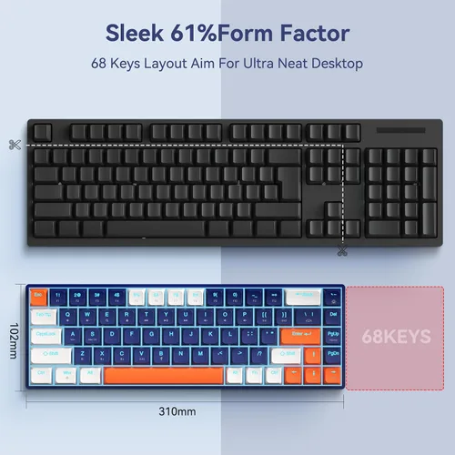 Vista 6 de XISOGUU Teclado mecánico inalámbrico 61%, modos BT5.02.4Gcableado, retroiluminado ultra compacto 68 teclas teclado para juegos con flecha