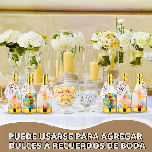 Vista 5 de Gerrii - 50 botellas de plástico para champán, contenedor metálico para Recuerdos de boda dorados, etiquetas de regalo y cuerdas con cuerda