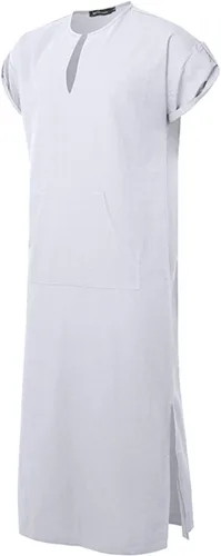 Vista 3 de Jacansi - Caftán de algodón para hombre, con cuello en V, manga corta, división lateral, thobe largo