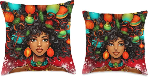 Vista 3 de Black women Christmas ornament melanin curly hair Melanin Christmas Queen Xmas Black Girl Magic Ornament Throw Pillow, 16x16, Multicolor