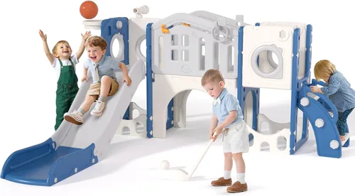 Vista 9 de KORIMEFA Juego de toboganes 8 en 1 para niños pequeños de 1 a 3 años, juego de escalador con aro de baloncesto y pelota, patio de juegos para niños