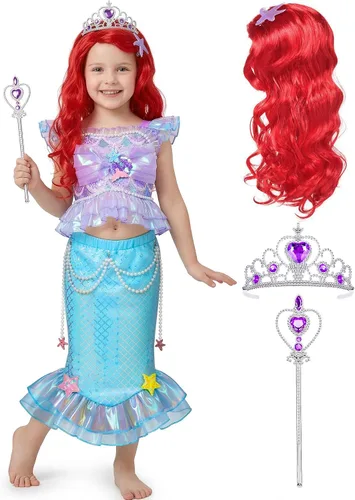 Vista 9 de G.C Disfraz de sirena para niñas de 2 a 7 años, fiesta de princesa, Halloween, cumpleaños, cosplay