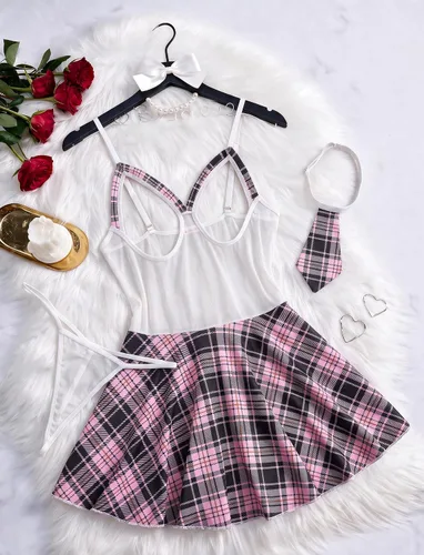 Vista 2 de Avidlove Conjunto de lencería sexy para mujer, falda a cuadros Rosa