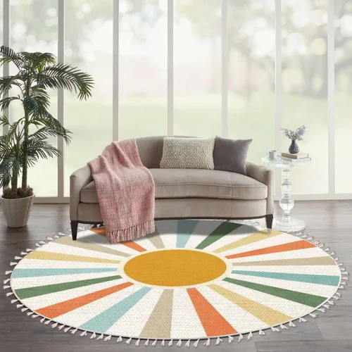 Vista 6 de Alfombra redonda bohemia para niños, dibujada a mano sin costuras con arco iris rosa pastel, alfombra de verano para bebé, alfombra de lino, Multi3